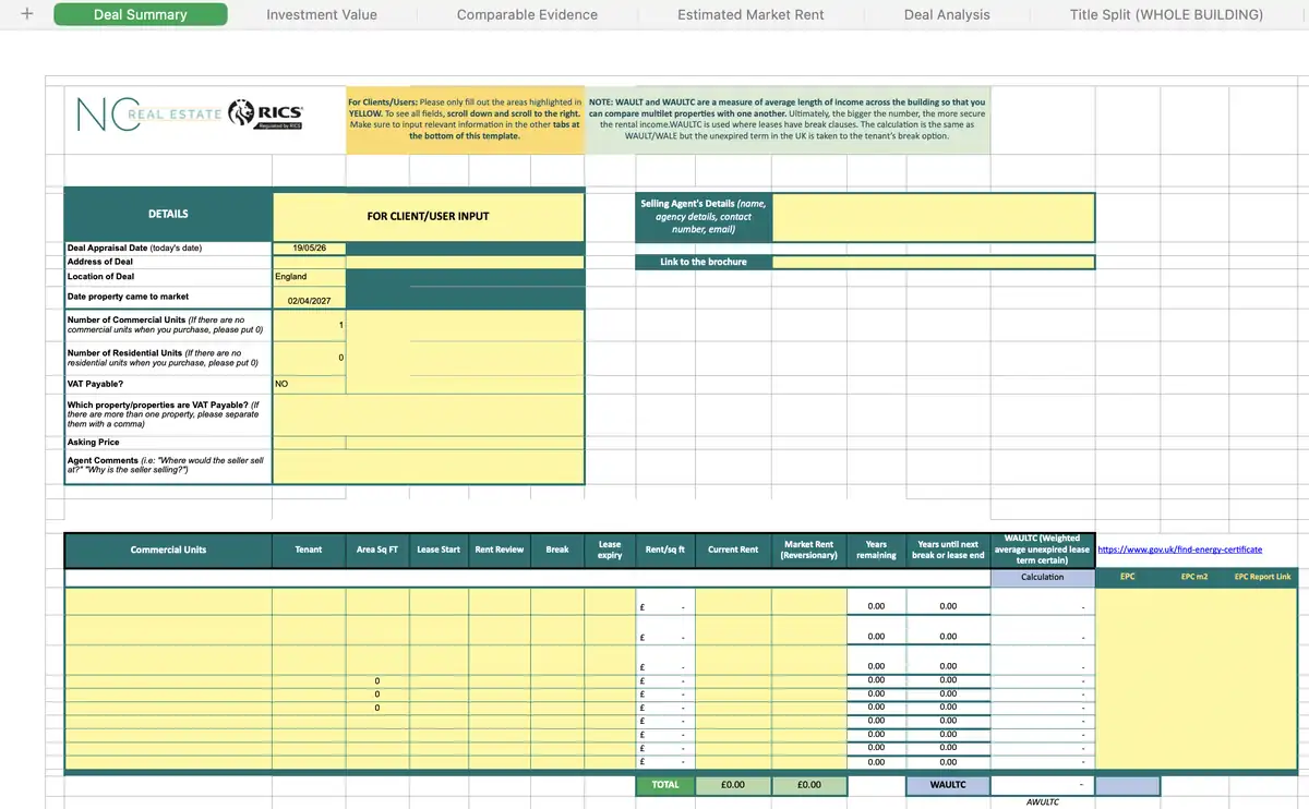 The Deal Summary tab of the NC Real Estate 2026 Deal Analysis spreadsheet